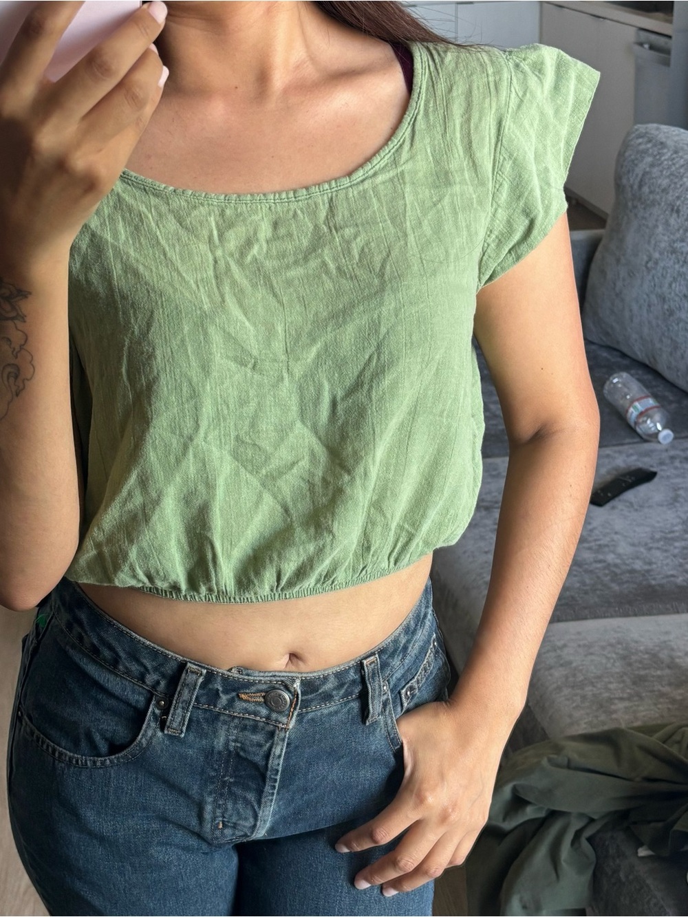Cotton Flower Green Flutter Sleeve 100% cotton Crop Top
